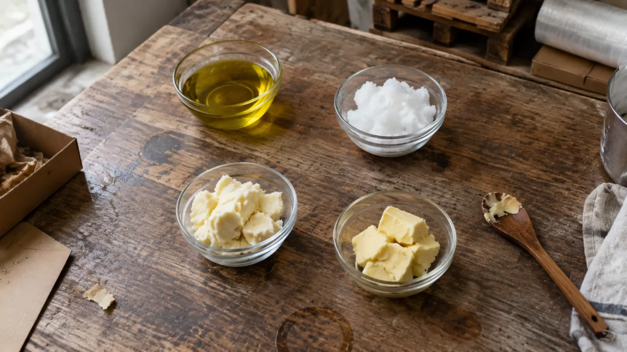product-1280-720 Bowls of olive oil, coconut oil, shea and cocoa butter on a wooden bench