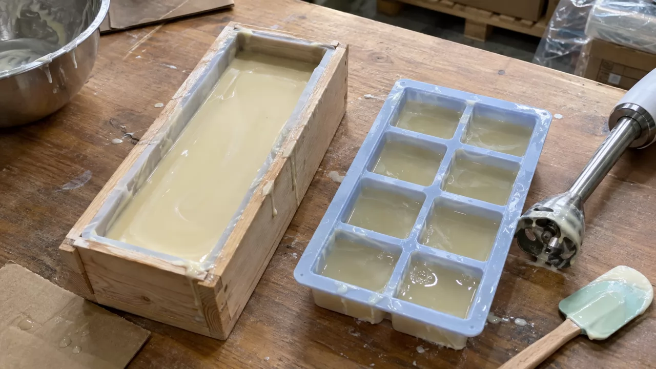 product-1280-720 Cold process soap in a loaf mold next to melt-and-pour base in a tray