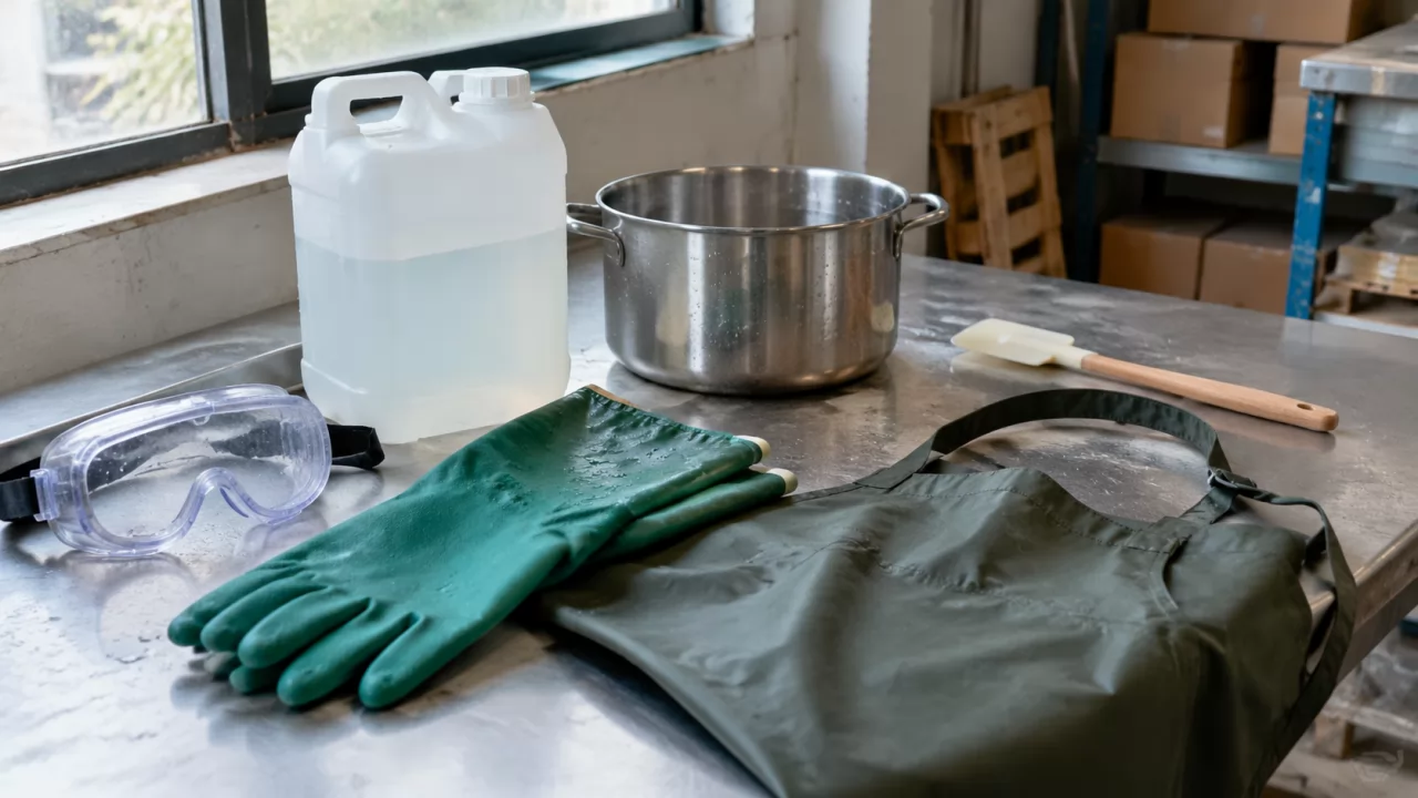 product-1280-720 Goggles, gloves, apron and lye mixing jug laid out near an open window