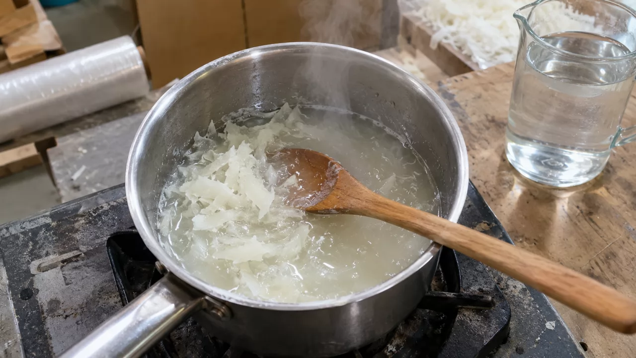 product-1280-720 Geriebene Seife schmilzt im Topf zu einem trüben Gel, daneben ein Krug Wasser