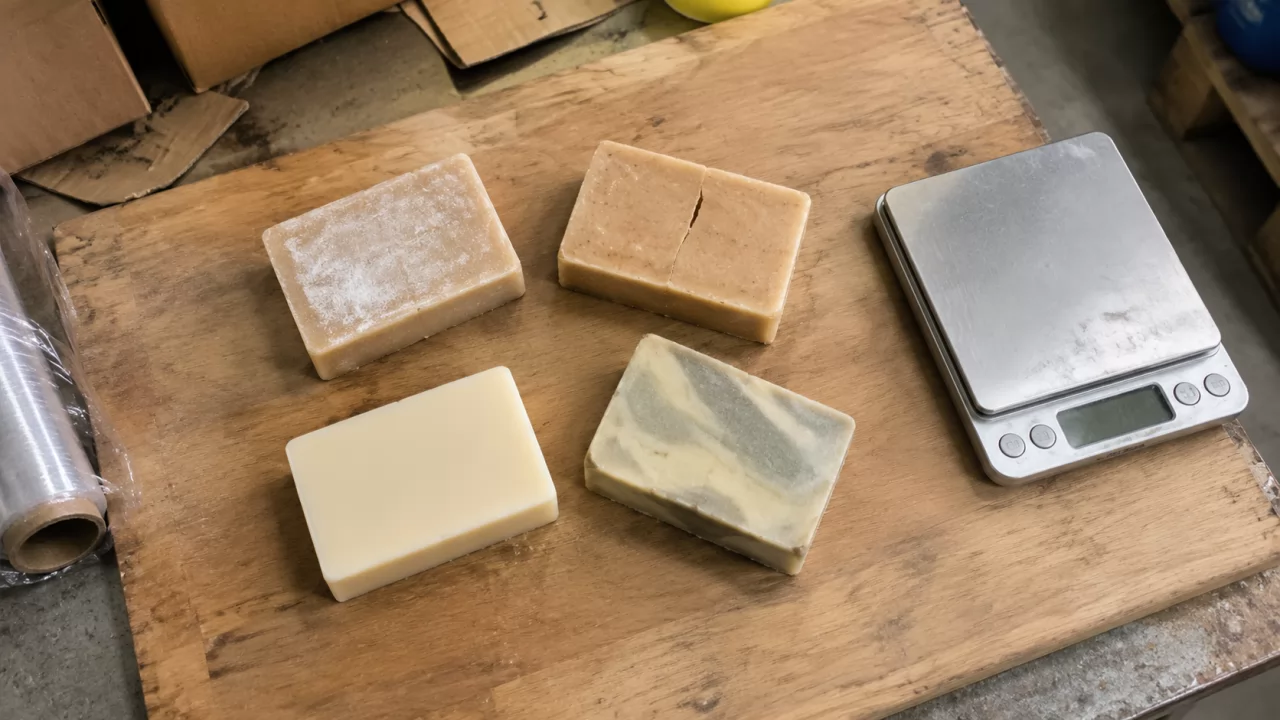 product-1280-720 Trois barres de savon comparées : cendre de soude, fissure et barre saine