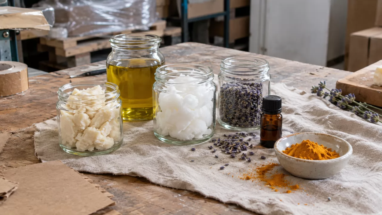 product-1280-720 Jars of oils, butters, botanicals and essential oil laid out on linen