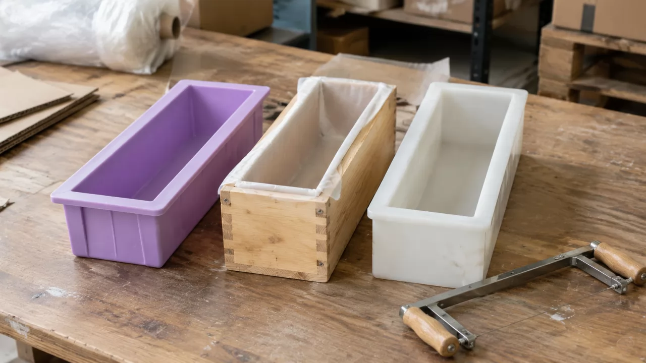 product-1280-720 Silicone, wood-lined and rigid plastic soap loaf molds side by side