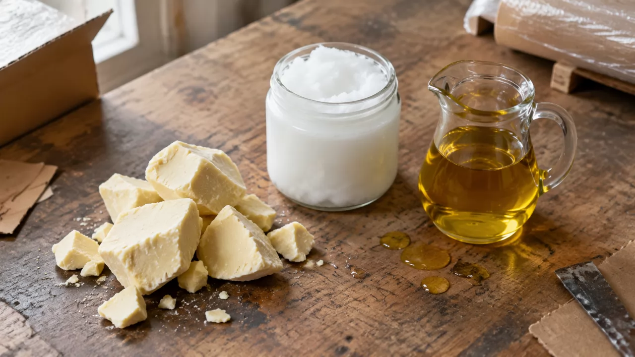 product-1280-720 Hartfette, Kokosöl und Olivenöl auf einer Holzarbeitsplatte