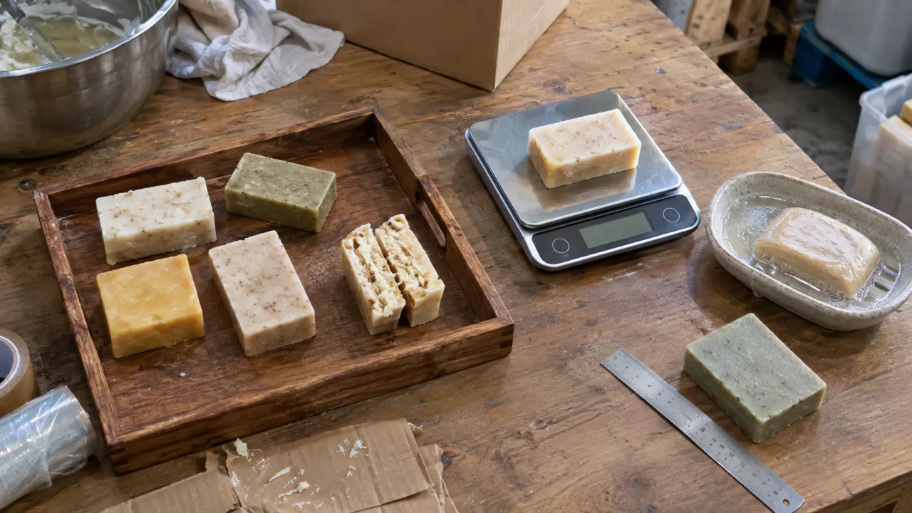 product-1280-720 Sample soap bars being weighed, measured and tested in a soap dish